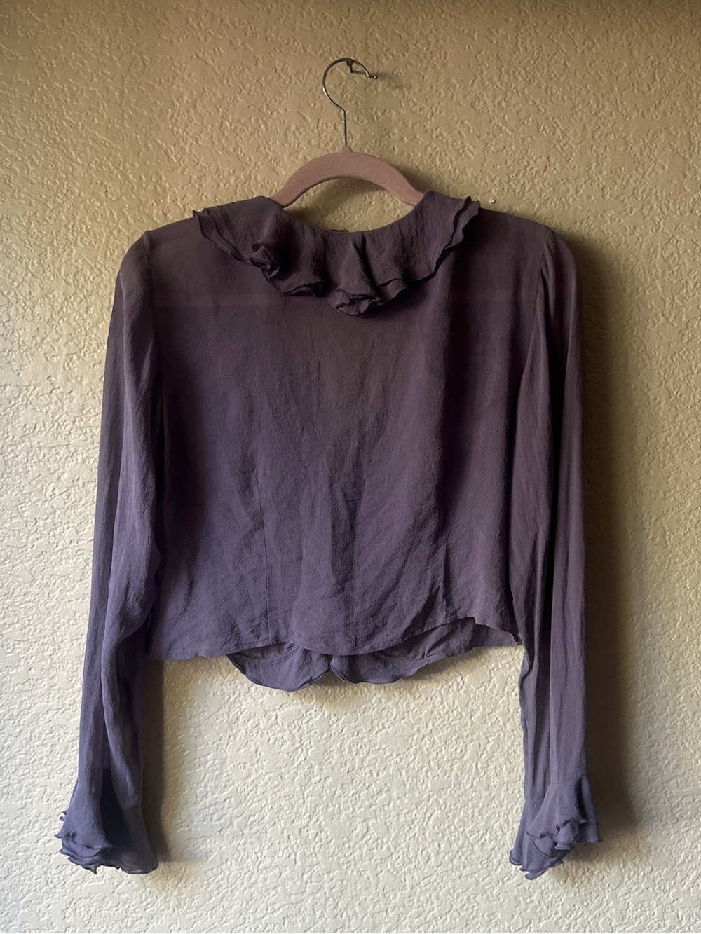 Ruffled Long-Sleeve V-Neck Blouse - Purple - Picture 7 of 7